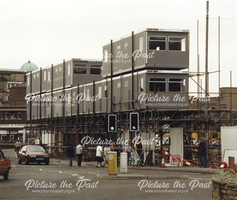 View showing site offices during construction of planned hotel