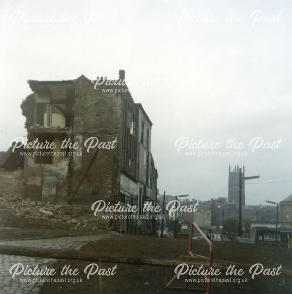 View showing the demolition of properties on Cockpit Hill