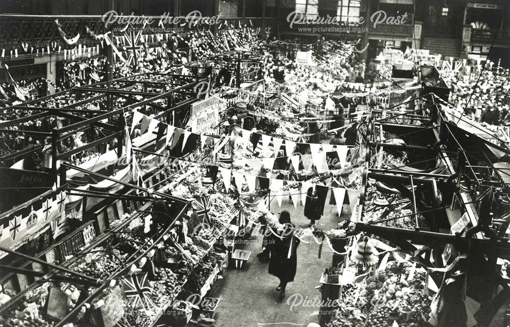 Looking down on stalls inside Derby Market Hall