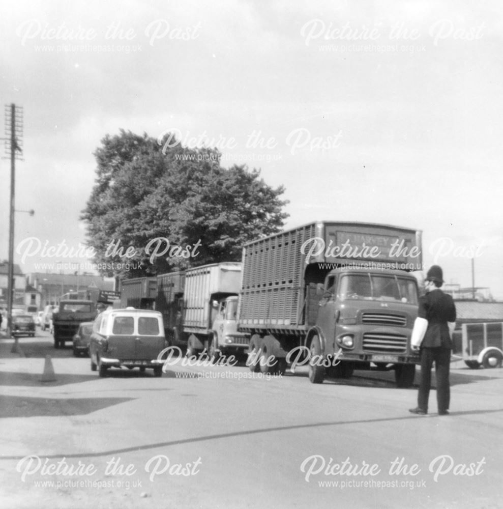 A policeman on traffic duty as lorries queue outside the cattle market on a Friday