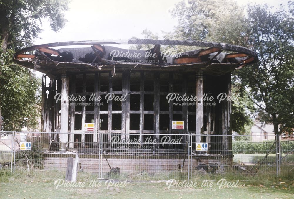 Front view of bandstand destroyed by fire