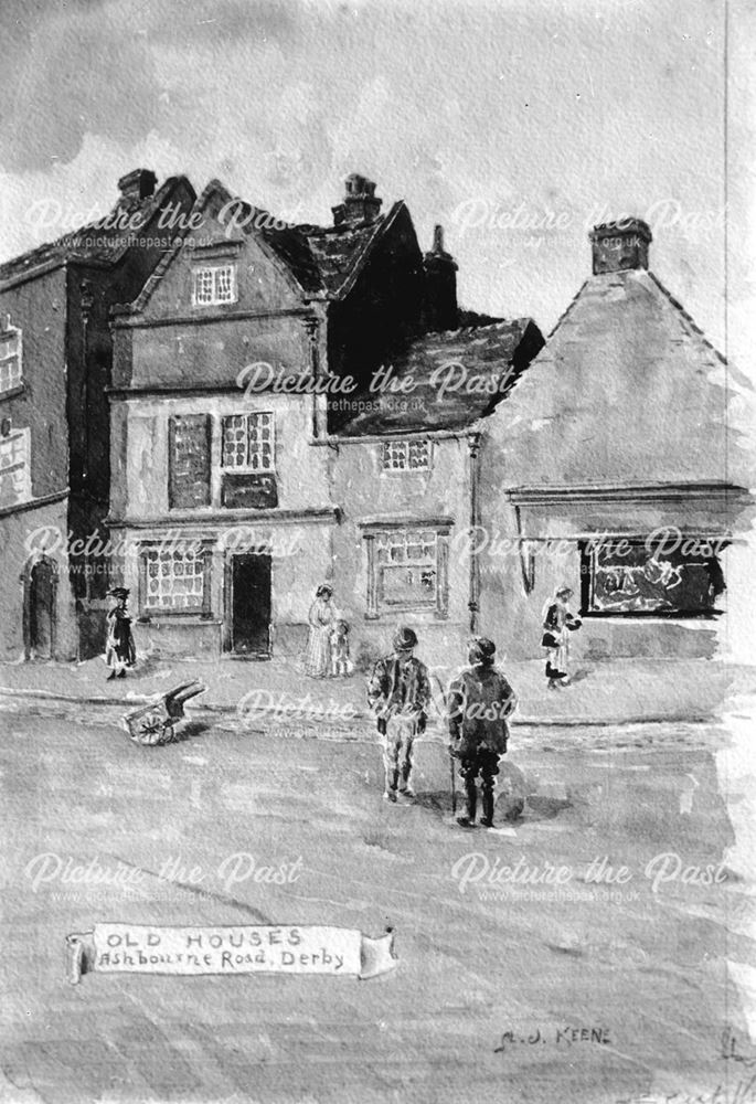 Photgraph of a drawing showing old houses on Ashbourne Road