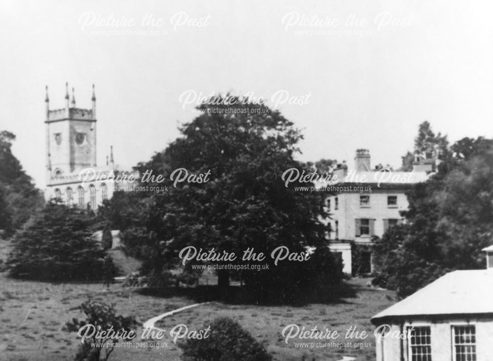 View of houses and Darley Abbey Church