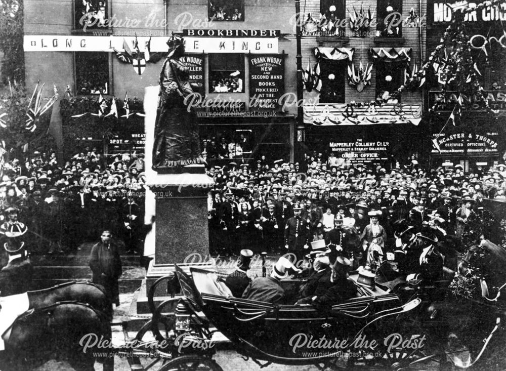 King Edward VII, unveiling a statue of Queen Victoria,outside shop premises on St Peter's Street