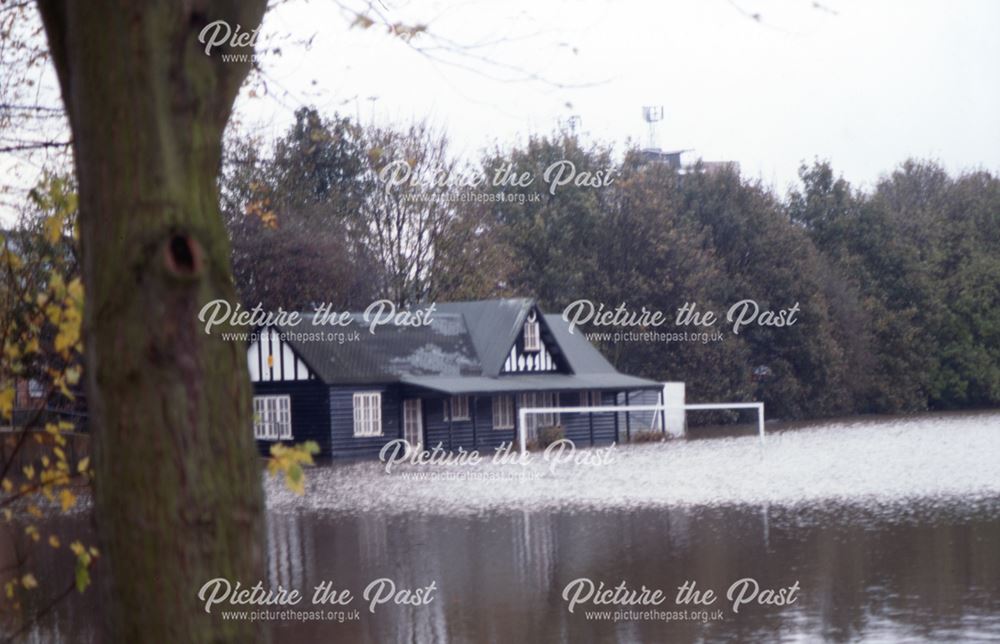 Flood water on cricket pitch at Darley Fields, Darley Park