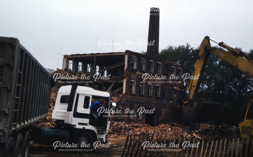 Demolition of Markeaton Mills, with chimney stack in view