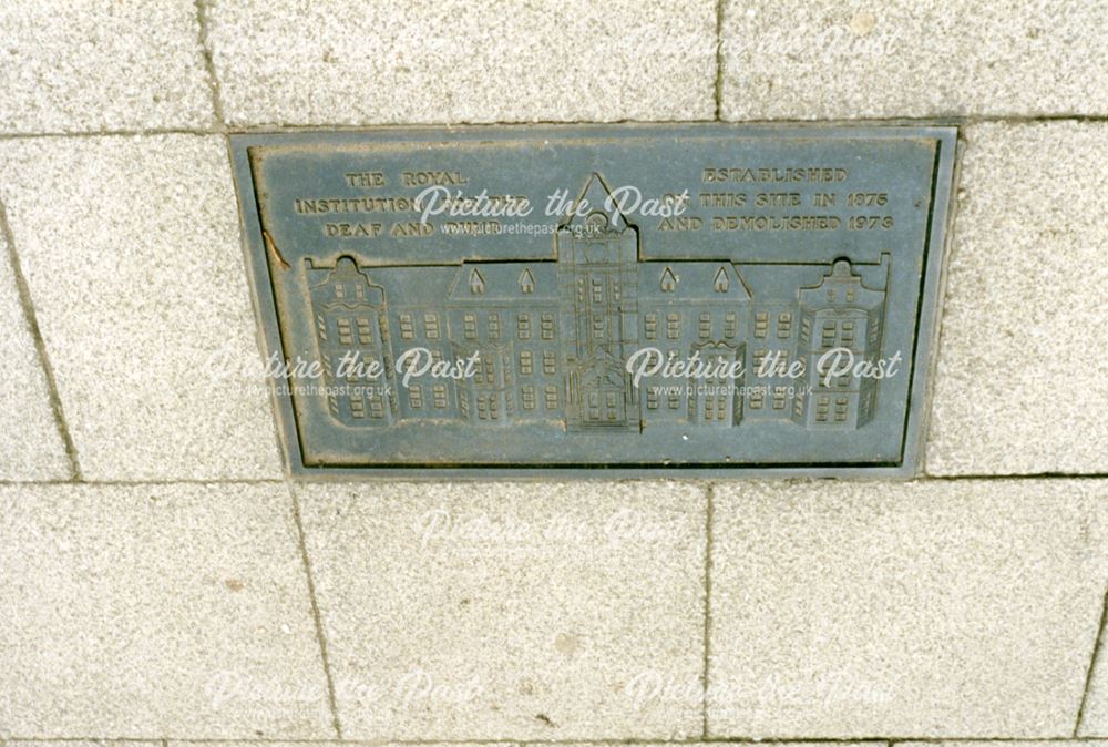 Paving slab commemorating site of former Royal Institution for the Deaf and Dumb, Derby, 2000