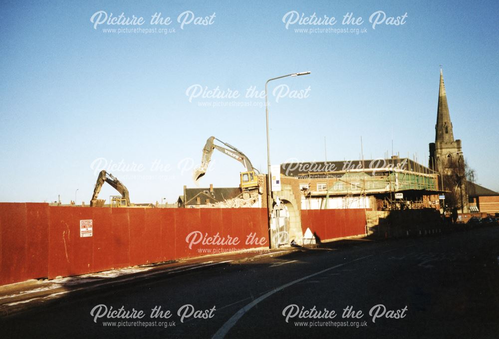 Remaining entrance way of Mackworth college building during demolition, 2001