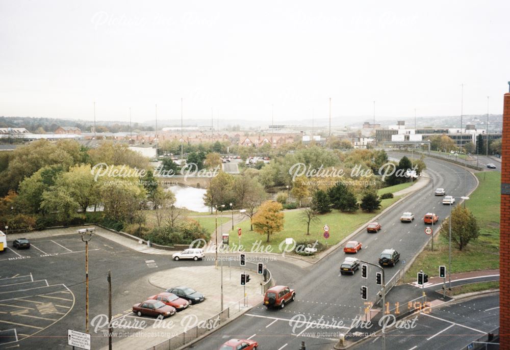 Aerial view of the Inner Ring road (St Alkmund's Way) looking from The Cock Pitt car park, 1998