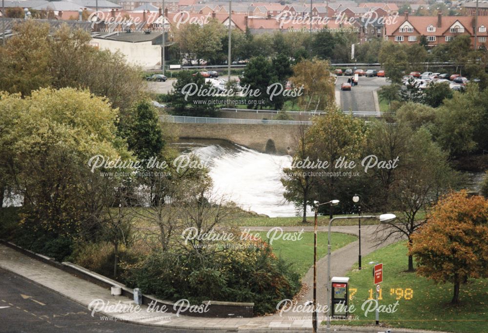 Aerial view of a weir on the River Derwent taken fron The Cock Pitt car park, 1998