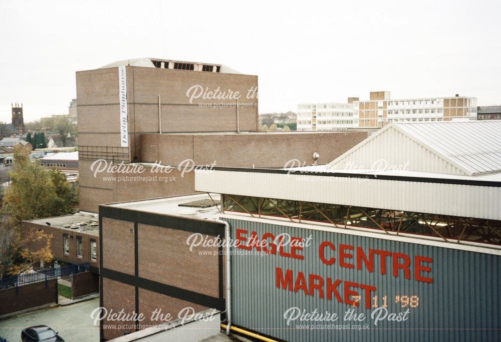 Derby Playhouse, the Eagle Centre Market and Main Centre taken from the Cock Pitt car park, 1998