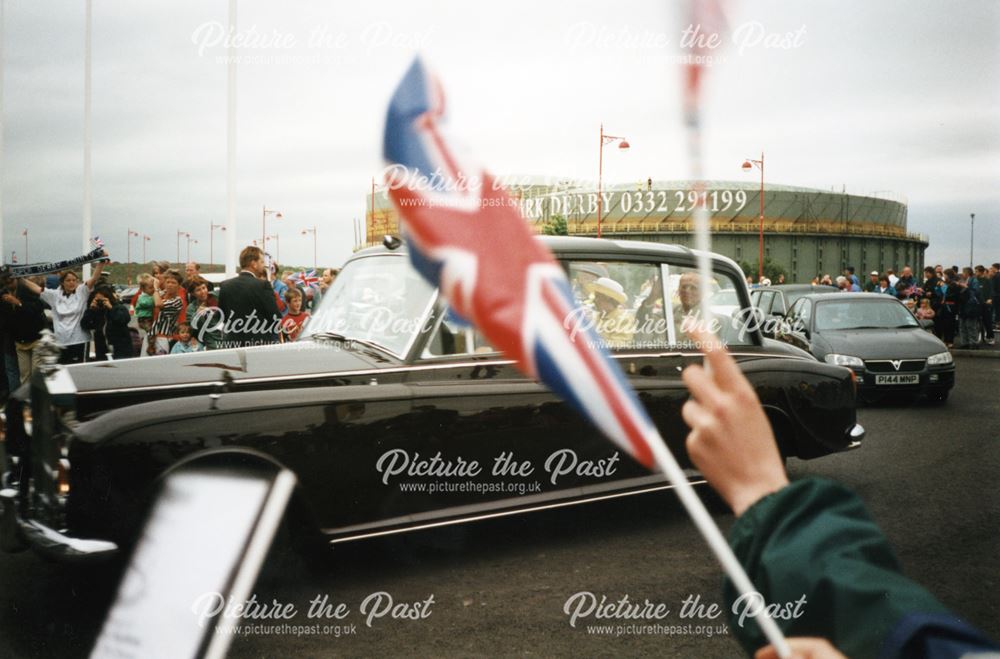 Opening of Pride Park Stadium - The Queen and Duke of Edinburgh in Royal State Car, 1997