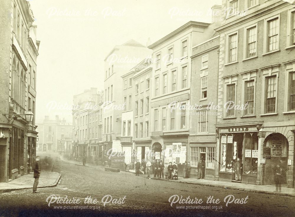 Street scene looking down the Corn Market to Victoria Street, Derby, c 1870