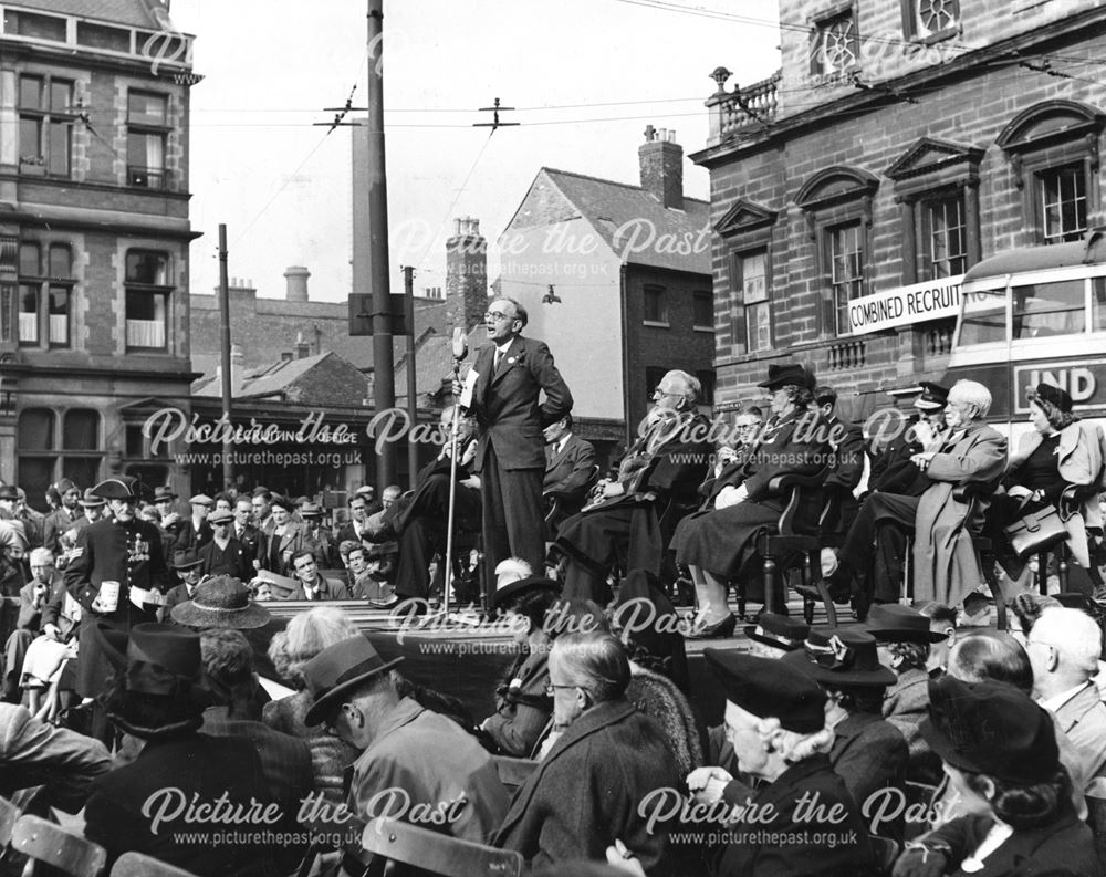 Herbert Allen Jenkins, Derby's head postmaster during WWII addressing a crowd at Derby Market Place,