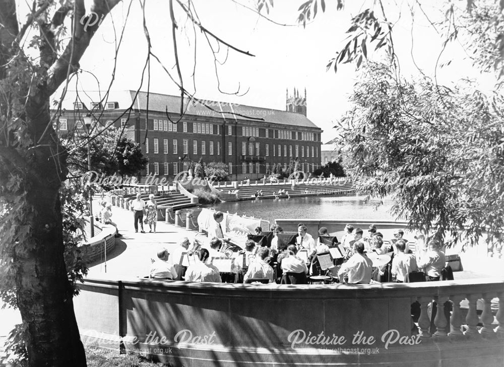 Musicians play at the River Gardens at the back of the Council House, Derby, 1991