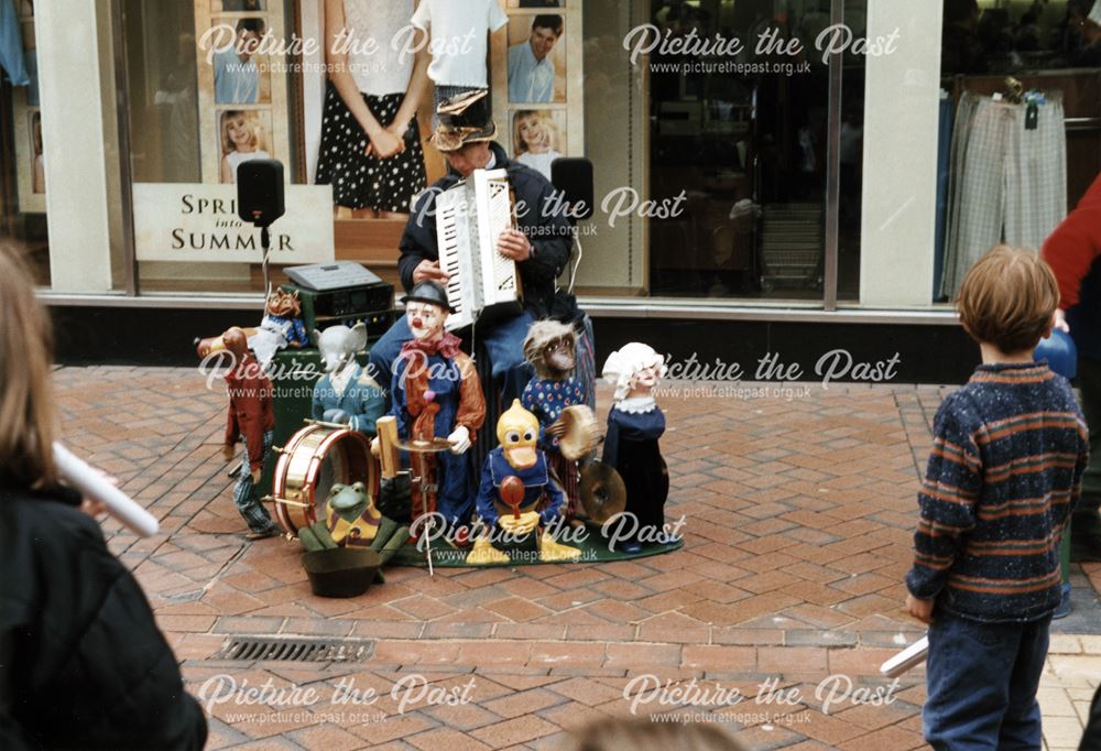 Street entertainer outside Marks and Spencer's, St Peter's Street, Derby, 1998