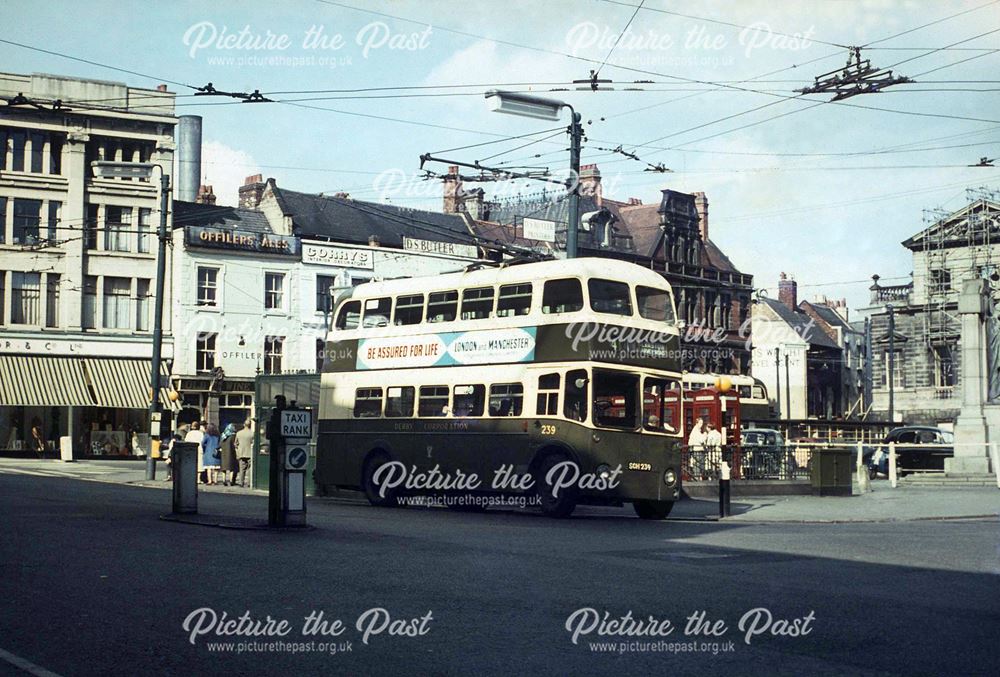 Derby Corporation trolleybus No 239, Market Place, Derby, c 1965