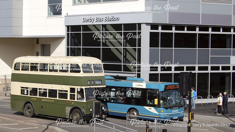 Arriva Scania Omnicity 3568, Morledge ceremonial drive past. Derby Corporation preserved Crossley 11