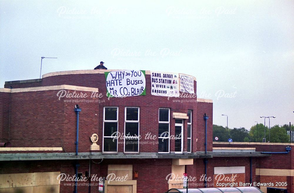 Bus Station last day with protest banners 