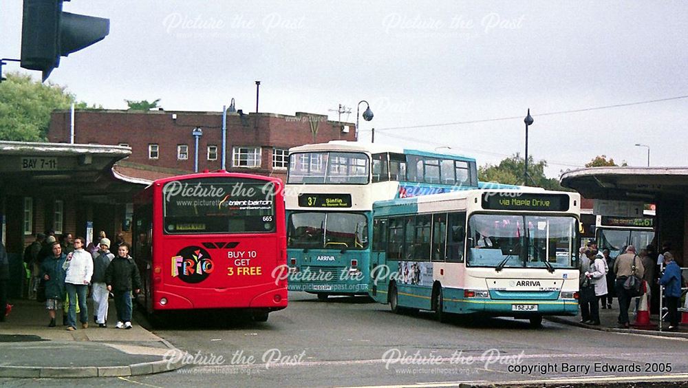 Arriva Dennis Dart 2222, Morledge towards bus station on last day various vehicles including, Derby