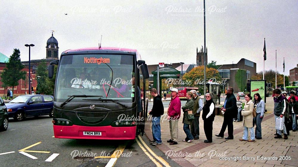 Trent Scania Irizar 64, Morledge on street stop for Red Arrow, Derby