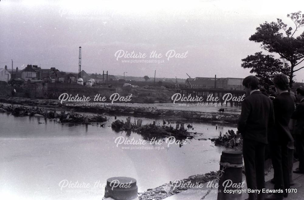 Long Bridge remaining timbers exposed as a result of partial draining of the River Derwent 1970