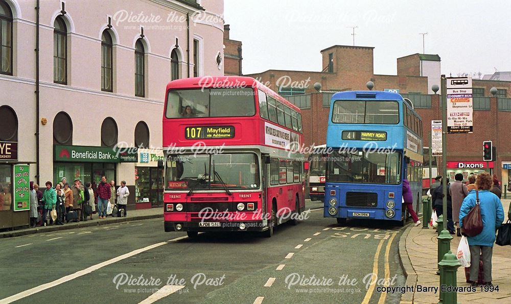 Trent Leyland Olympian 708 and Volvo 119, Albert Street, Derby